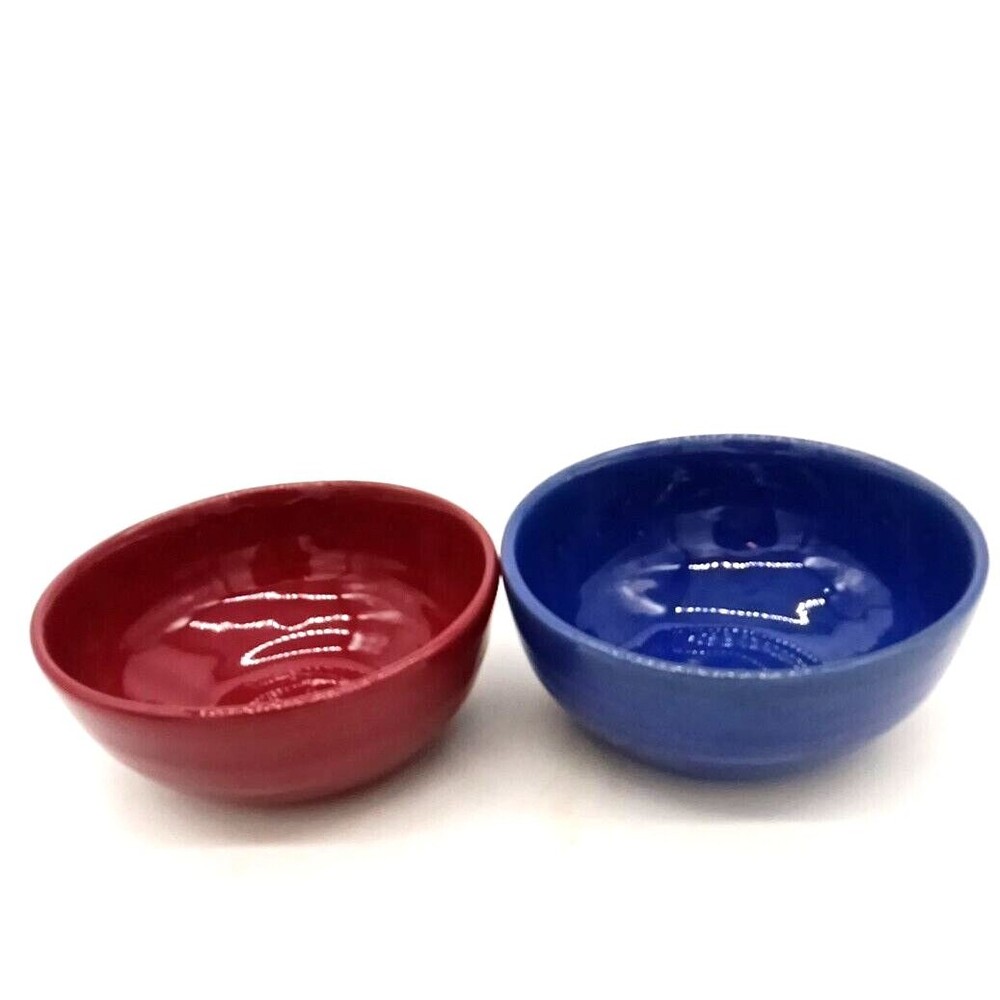 Vintage  Art Pottery Set Of 2 Blue & Burgundy Redware Soup Bowls Signed